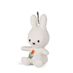Bon Ton Miffy white corduroy keyring charm, sitting rabbit with orange tulip embroidery and silver clip