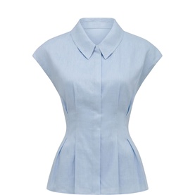 Forever New Carina Pleated Shirt in blue linen, cap sleeves, shirt collar, and pleated peplum detail, no model