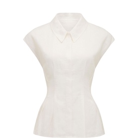 Forever New Carina Pleated Shirt in white linen, cap sleeves, pointed shirt collar, and fitted pleated bodice detail