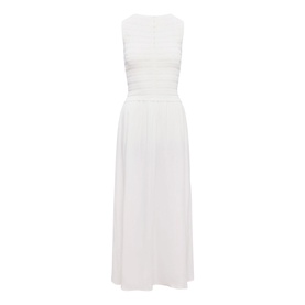 Forever New porcelain midi dress with ruched waist detail, sleeveless design, and flowy skirt, shown on ghost mannequin