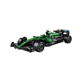 Lego Technic green Formula 1 race car building set, detailed with black spoilers, wheels, and multi-coloured accents.