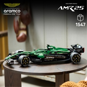 Lego Technic Aston Martin Aramco AMR25 F1 car model in green with 1547 pieces, displayed on a wooden table