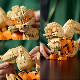 Lego Pok&eacute;mon Arcanine building set, multi-coloured brick model shown from multiple angles, hands demonstrating scale and detail