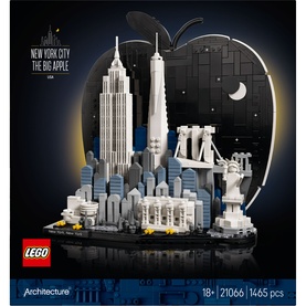 LEGO Architecture New York City The Big Apple set, 1465-piece skyline model with apple-shaped backdrop featuring Empire State Building and Statue