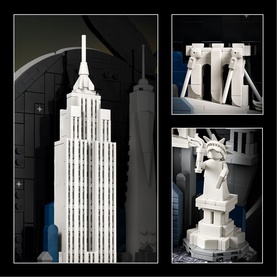 Lego Architecture New York City set showing Empire State Building, Statue of Liberty and NYC skyline builds, 1465 pieces, white and grey