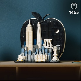 Lego Architecture New York City The Big Apple set, 1465-piece build featuring Empire State Building and Statue of Liberty in apple-shaped display