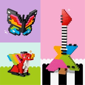 Lego Classic Creative Colourful Bricks Set showing four multicoloured brick builds: butterfly, guitar, dinosaur, and abstract shapes
