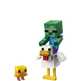 Lego Minecraft Chicken Jockey multi-coloured 344-piece set featuring zombie figure riding white chicken with yellow baby chick