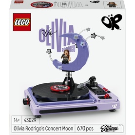 Lego Olivia Rodrigo's Concert Moon set 43029, featuring purple crescent moon, turntable, and mini-figure, 670 pieces