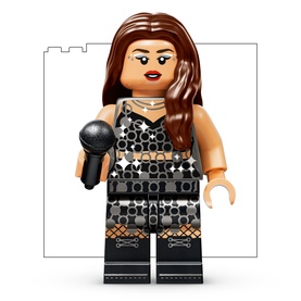 Lego Editions Music minifigure, female pop star with brown hair, microphone, black sparkle outfit and fishnet detail, multi-coloured