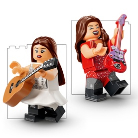Lego Editions Music minifigures, two female musician characters in white and red outfits, holding acoustic and electric guitars
