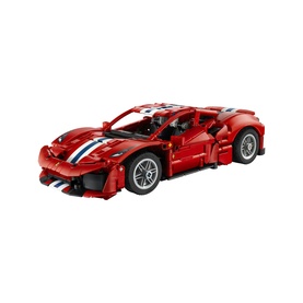 Lego Technic Ferrari 488 PISTA Car in red with white racing stripes, 882-piece buildable model set