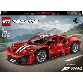 Lego Technic Ferrari 488 PISTA Car in red with white stripe detail, 882-piece construction set, shown in box packaging