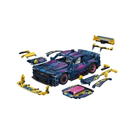 Lego Technic Custom Garage Ford Mustang GT Car in dark blue and pink, shown with yellow detachable parts, 973-piece set