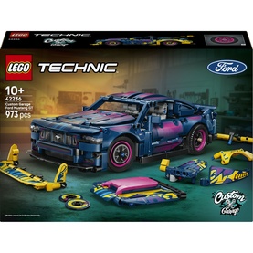 Lego Technic Custom Garage Ford Mustang GT Car set, 973 pieces, dark blue car model with pink and yellow accessories included
