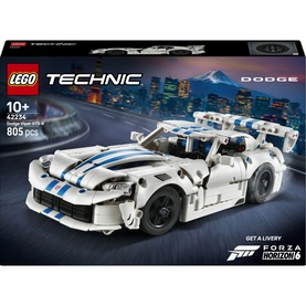 Lego Technic Dodge Viper GTS-R Sports Car, 805-piece set, white with blue racing stripes, shown with box packaging