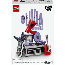 LEGO Olivia Rodrigo's Secret Storage set 43030, featuring guitar, vanity, and music-themed accessories in purple and red tones
