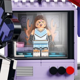 Lego Editions Music set detail showing cheerleader minifigure in lilac display window with purple and red accents, multi-coloured build