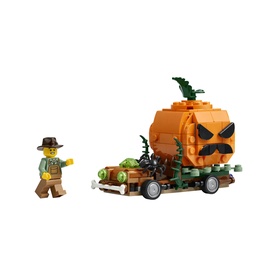 Lego Jack-O'-Lantern Pickup Truck Halloween Building Set with farmer minifigure, orange pumpkin truck, and green vegetable details
