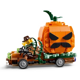 Lego Jack-O'-Lantern Pickup Truck Halloween Building Set, 177-piece build featuring scarecrow minifigure and large orange pumpkin trailer