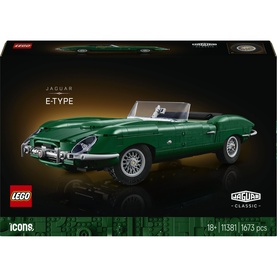LEGO Icons Jaguar E-Type 1673-piece building set, featuring a detailed green convertible classic car model on box packaging