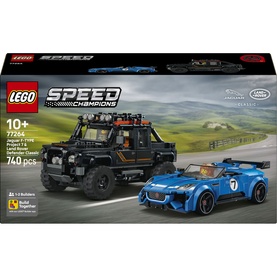 Lego Speed Champions Jaguar Project 7 & Land Rover Defender 740-piece set, featuring blue racing car and black 4x4 builds