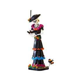Lego Ideas multicoloured Day of the Dead skeleton figure in black floral dress with hat, flowers and bee details
