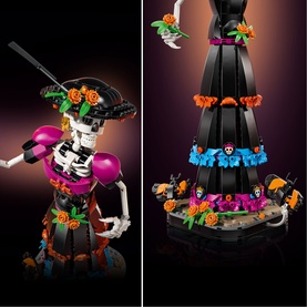 Lego Ideas Day of the Dead skeleton figure in black dress with colourful floral and skull decorations, shown from two angles