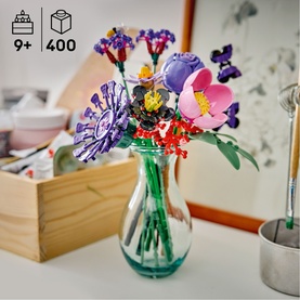 Lego Botanical flower bouquet set in green glass vase, purple and pink blooms, 400 pieces, ages 9+