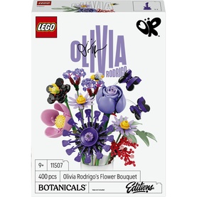 LEGO Botanicals Olivia Rodrigo Flower Bouquet set, box featuring purple roses, daisies and wildflowers, 400 pieces, ages 9+