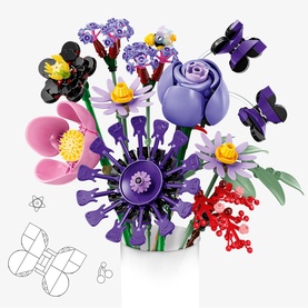 Lego Botanical bouquet set with purple rose, pink flowers, butterflies and red berries in white vase, multi-coloured brick build