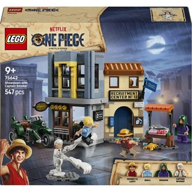 Lego One Piece: Showdown With Captain Smoker 547-piece set with market building, minifigures, motorcycle, and recruitment centre scene