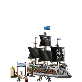 Lego One Piece Garp's Marine Battleship set with black sails, eight minifigures, and marine HQ dock, 1705 pieces