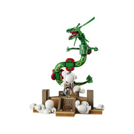 Lego Pok&eacute;mon Rayquaza buildable figure, green serpentine dragon model with white cloud pieces and tan base display stand