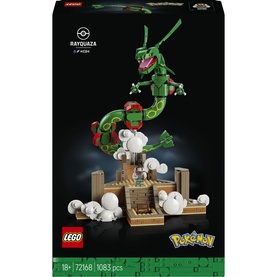 Lego Pok&eacute;mon Rayquaza building set, 1083 pieces, featuring green serpentine dragon figure on cloud display base