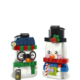 Lego Snowman Ornaments Christmas Building Set, two multicoloured snowman figures with scarves, hats, and festive accessories