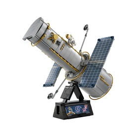 Lego Icons Hubble Space Telescope building set, multi-coloured with solar panels, display stand, and space imagery base detail.