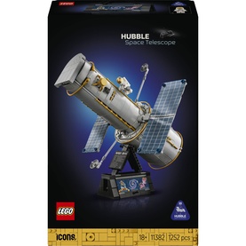 Lego Icons Hubble Space Telescope building set, multi-coloured, 1252 pieces, displayed on black base with solar panels extended