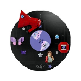 Lego Editions Music multi-coloured vinyl record-shaped set with mini figure, butterfly, star, and red megaphone brick details