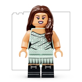 Lego Editions Music minifigure with long brown hair, mint green top and black boots with bone detail, multi-coloured