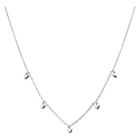 Juvi silver fine chain necklace with five small dangling heart charms evenly spaced along the front