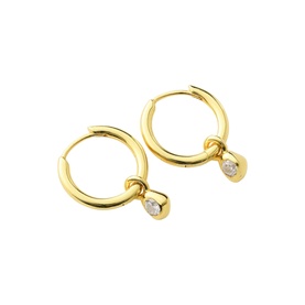 Juvi gold hoop earrings with bezel-set crystal drop pendants, polished finish