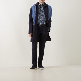 Model wearing Paul Smith Navy Single Cuff Slim formal shirt, styled with navy coat, gilet and dark trousers