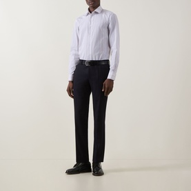 Model wearing Paul Smith Multi Blue slim fit striped cotton formal shirt, styled with dark tailored trousers and black leather shoes.