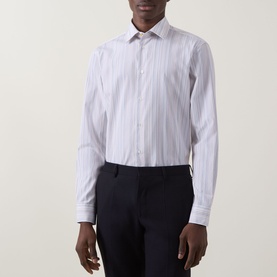 Model wearing Paul Smith Multi Blue striped slim single cuff cotton formal shirt, styled with navy trousers.