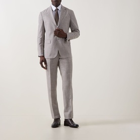Model wearing Paul Smith white single-cuff slim formal shirt with classic collar, styled with light grey suit, brown tie and black shoes.
