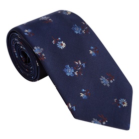 Paul Smith Access Floral Silk Tie in dark blue with allover floral print, wide blade and pointed tip, rolled flat lay view