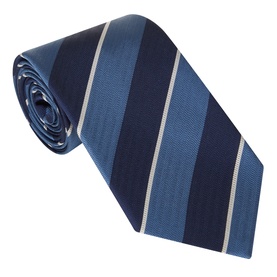 Paul Smith Access Striped Silk Tie in dark blue with navy and silver diagonal stripes, wide blade and pointed tip