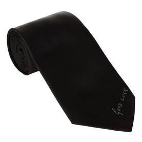 Paul Smith Access black silk tie with "Good Luck" script detail, flat lay view showing smooth satin finish