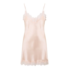 Sainted Sisters Scarlett Silk Chemise in Shell, mini length with V-neckline, fine straps, and tonal lace trim detail